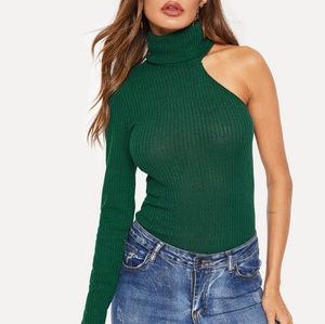 Green High Neck One Shoulder Top Size L